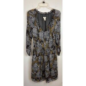 SUNDANCE Gray White Lace Print Silk Long Sleeve Ruffle Dress S Tie Waist BOHO